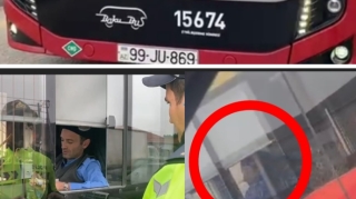 Yol polisinin gözü önündə telefonla danışan "BakuBus" sürücüsü cərimələndi - VİDEO 