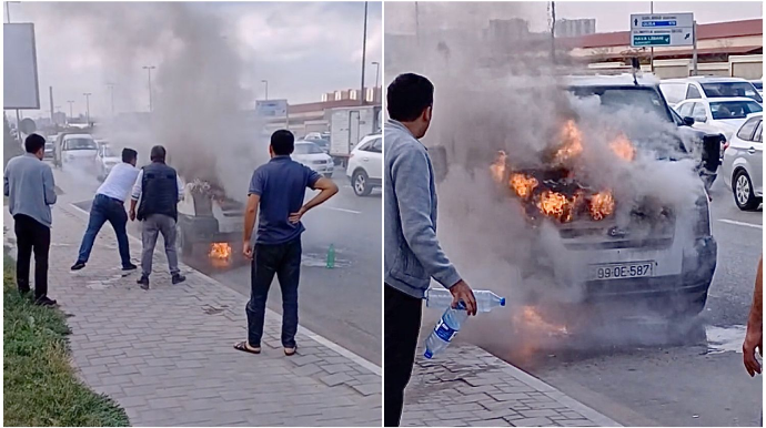 Bakıda hərəkətdə olan “Ford Transit” anidən alovlandı   - VİDEO