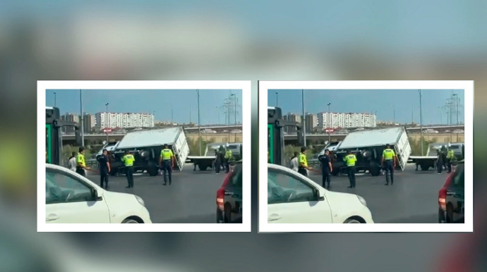 На мосту "Кероглу" перевернулся грузовик - ВИДЕО