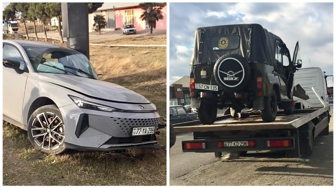 Şəmkirdə “UAZ”la toqquşan “Changan” reklam lövhəsinə çırpıldı  - VİDEO