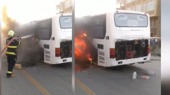 Bakıda sərnişin avtobusu yanıb - VİDEO 