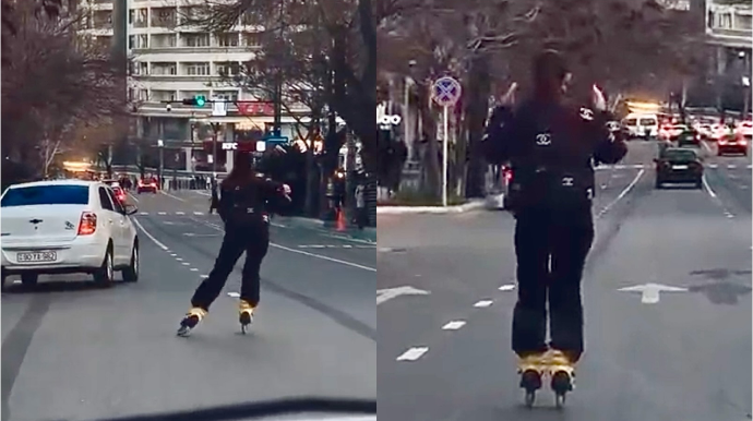 Rolik sürən qız velosiped zolağını qoyub  avtomobillərin hərəkətinə mane oldu   - VİDEO