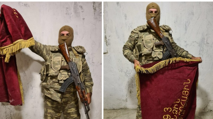 Ermənilərin ələ keçirilən döyüş bayrağı  - FOTO