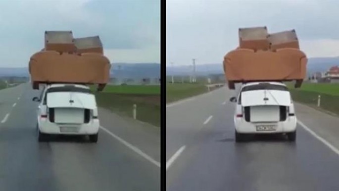Avtomobilin üstündə divan-kreslo daşıyan sürücü - VİDEO