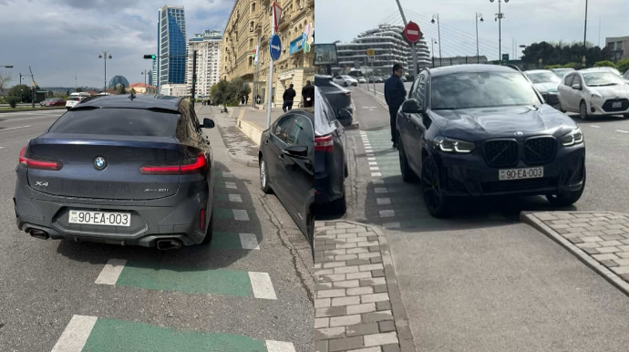 Şəhərin mərkəzində velosiped zolağını zəbt edən sürücü - 90-EA-003   - FOTO