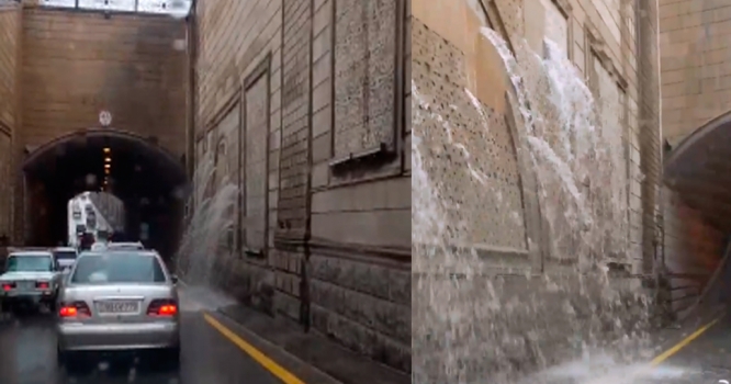 Bakıda körpüdən “şəlalə” axdı - VİDEO