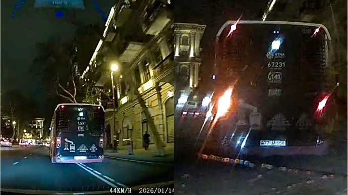 Şəhərin mərkəzində avtobusu öz “qayda”ları ilə sürüb yolu kəsdi - 77-JA-958    - VİDEO