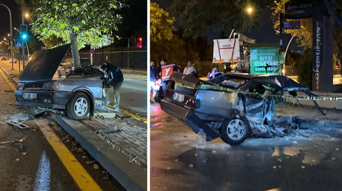 Ağaca çırpılan avtomobil ikiyə bölündü:  Yarısı qarşı zolağa çıxdı - FOTO 