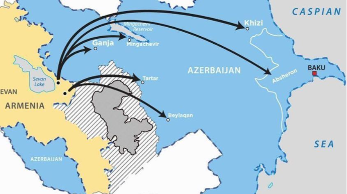 Опубликована карта ракетных обстрелов со стороны Армении территорий Азербайджана  - ФОТО