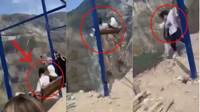 Təhlükəli əyləncə:  Uçurumun kənarında yellənən qızlar yıxıldı   - VİDEO