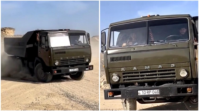 Gənc sürücü “KamAZ”la “şou” göstərdi  - Əyləci çəkib tozu dumana qatdı  - VİDEO