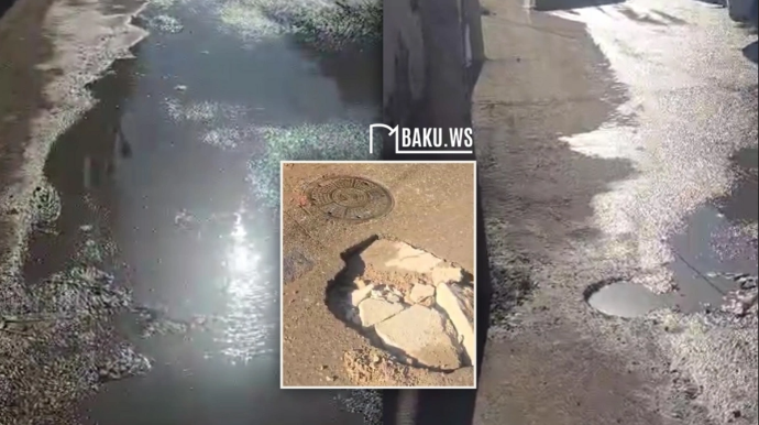 Bakıda məktəbin yanında kanalizasiya TƏHLÜKƏSİ - "Maşın düşsə yoxa çıxar" - VİDEO