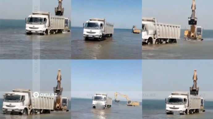 Çoxtonnajlı maşınlar Xəzərin qumunu niyə daşıyırlar? - RƏSMİ AÇIQLAMA + FOTO + VİDEO