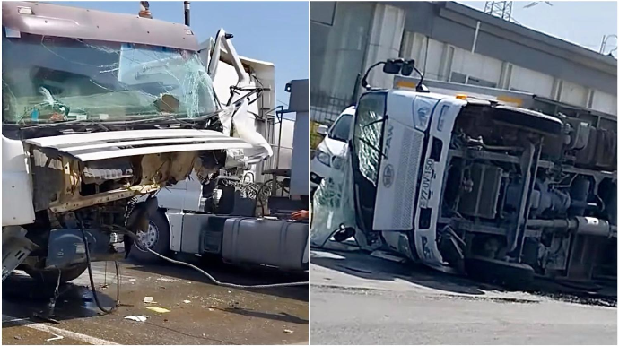 Toqquşan yük maşınlarından biri aşdı, digərinin önü “yoxa çıxdı”; sürücüsü isə..   - VİDEO