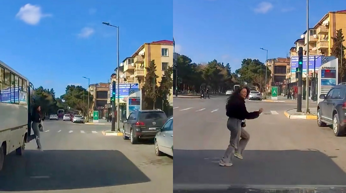 Avtobusu yolun ortasında saxlayan sürücü sərnişini ölüm təhlükəsinə atdı   - VİDEO
