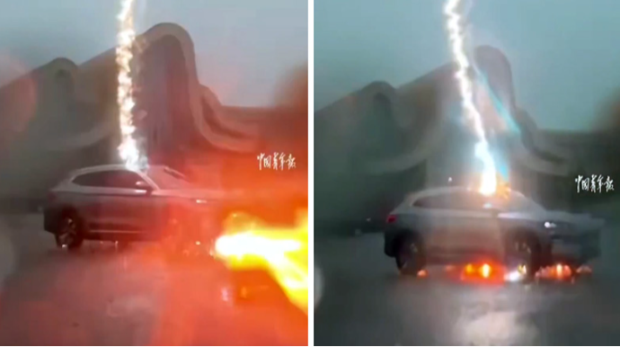 Elektromobili üç dəfə ildırım vurdu –  Nə avtomobil, nə də sürücü zərər gördü - VİDEO 