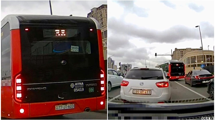 Ard-arda qayda pozan avtobus tıxac yaradıb sürücüləri özündən çıxardı  - VİDEO