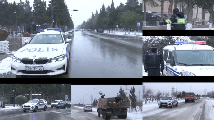 Sumqayıtda yol polisi qarlı havada belə çalışır - FOTO - VİDEO