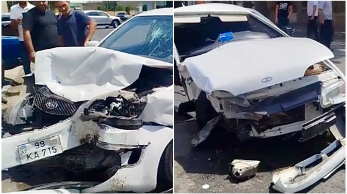 “Kontakt Home”un önündə iki maşın bir-birinə çırpılıb əzik-əzik oldu    - VİDEO