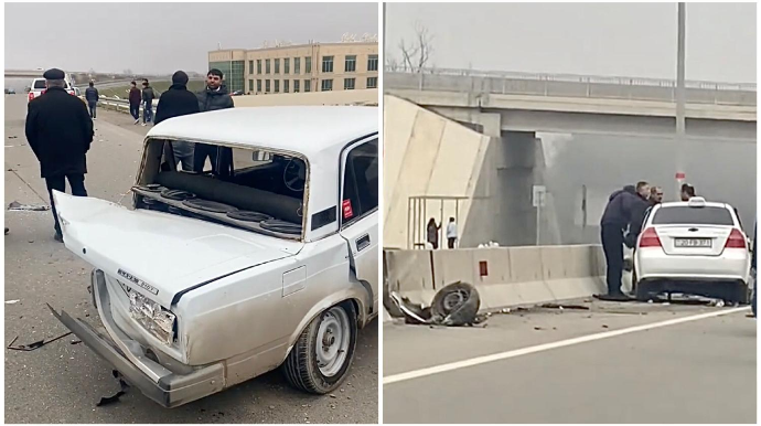 “VAZ”la toqquşan “Chevrolet”in təkəri qopdu, ardınca dirəyə çırpıldı   - VİDEO