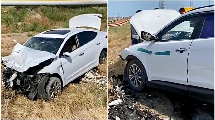 Balaxanı yolunda iki “Hyundai” toqquşdu; biri dərəyə yuvarlandı   - VİDEO