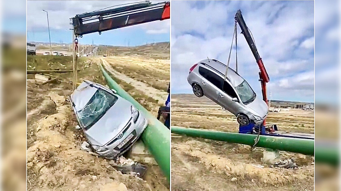 Balaxanıda dərəyə uçan  “Hyundai” boruya çırpıldı   - VİDEO