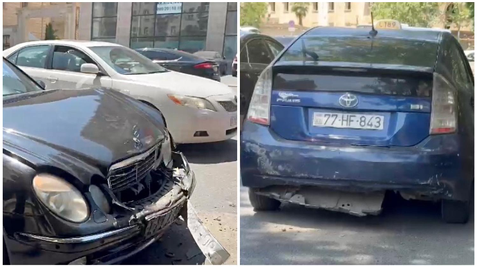 Yasamalda ara məsafəsi saxlamayan “Mercedes” sürücüsü “Prius”u vurdu - VİDEO