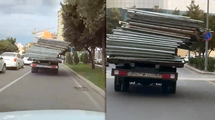 Paytaxt yollarında təhlükəli mənzərə - Aşmaq üzrə olan yük ... - VİDEO 