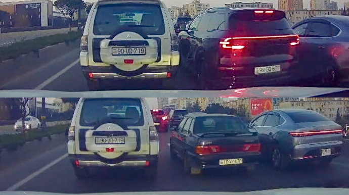 В Баку водитель нарушил правила и повредил чужой автомобиль — ВИДЕО