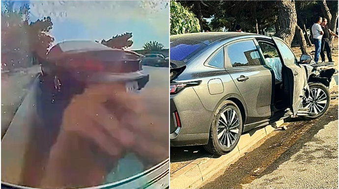 Bakıda idarəetməni itirən sürücü park edilmiş maşını vurub bordürə çıxdı   - REAL VİDEO