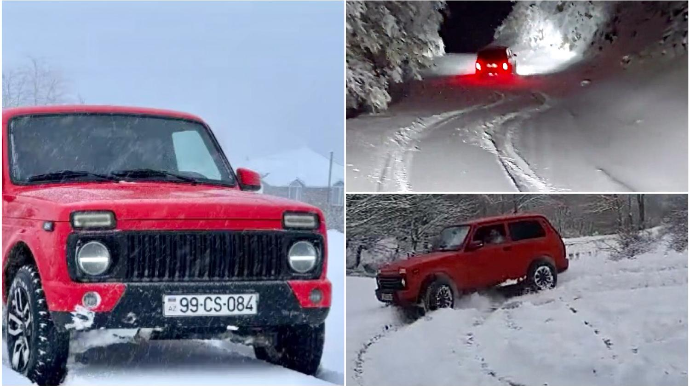 Qarlı yolda “Niva” ilə “şou” göstərdi  -  gah ilanvari sürdü, gah drift etdi  - VİDEO