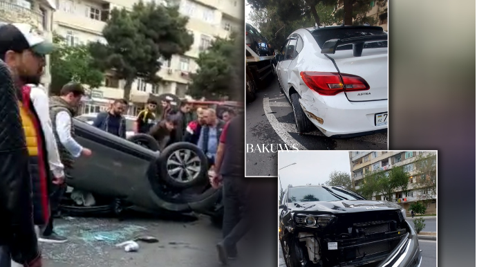 Bakıda iki maşın toqquşdu, biri aşdı - VİDEO 