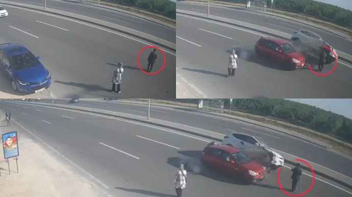 Keçiddən keçməyən piyadanı vurmaq istəməyən sürücü maşını aşırdı - REAL VİDEO