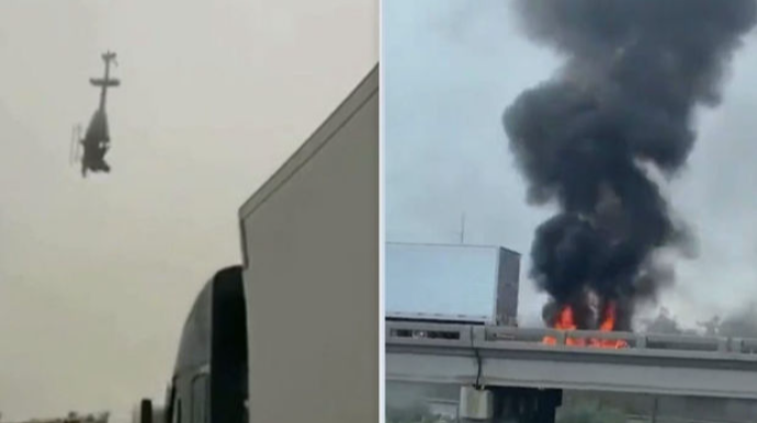 Helikopter avtomobillərin intensiv hərəkət etdiyi yola düşdü - VİDEO 