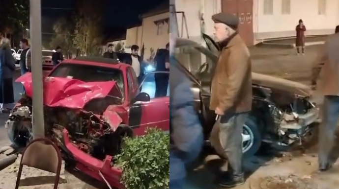 Göyçayda qəza: “Hyundai” “VAZ”a çırpıldı, sonra işıq dirəyinə dəydi - VİDEO