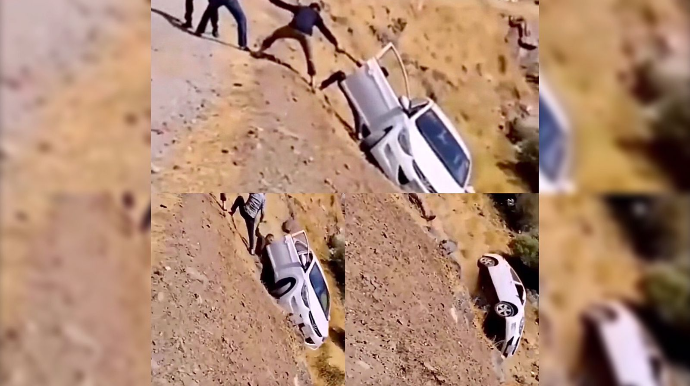 Səs-küylü qəza: Sürücü çaya aşan avtomobildən son anda xilas oldu  - VİDEO