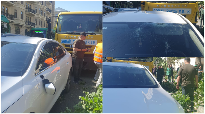 Bakıda daha bir ağac hərəkətdə olan maşının üstünə aşdı - VİDEO
