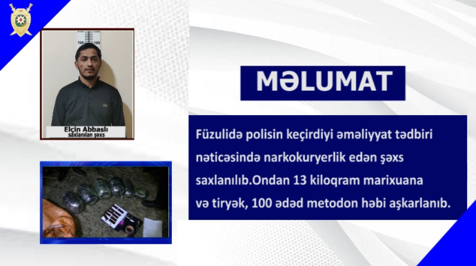 Füzulidə narkokuryerlik edən șəxs saxlanıldı - FOTO - VİDEO