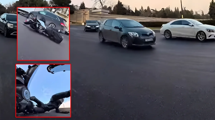 Bakıda TƏHLÜKƏLİ ANLAR:  Motosiklet sürücü ÖLÜMDƏN  qurtuldu - VİDEO 