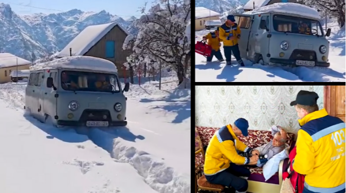 Lerikin qarlı yollarında təcili yardım briqadası çətinliklə üzləşdi - VİDEO