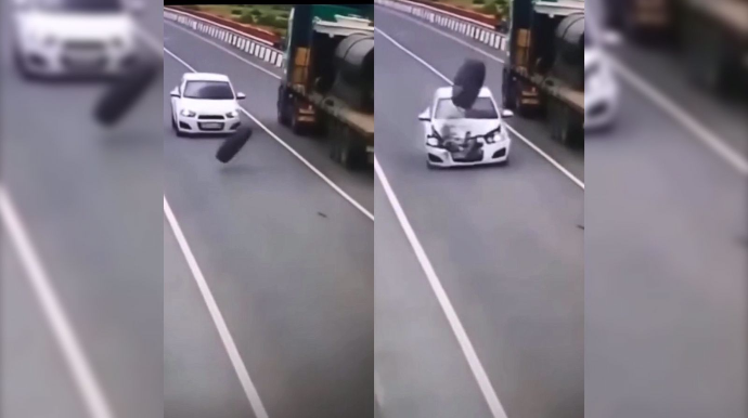 Xəbəri olmadan qəza törədən yük maşını avtomobili görün nə hala saldı   - VİDEO