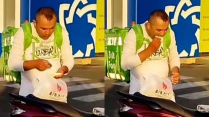 Bakıda kuryer müştərinin sifarişini yeyərkən kameraya tuş gəldi - VİDEO 