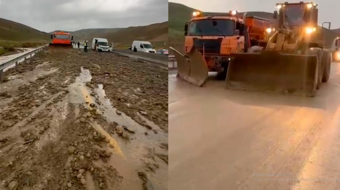 Şamaxı yolunu palçıq bürüdü - DYP və ağır texnikalar problemi həll etdi - VİDEO   