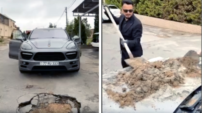 Bakıda "Porsche"nin üstündə beton qarışdırdılar - VİDEO