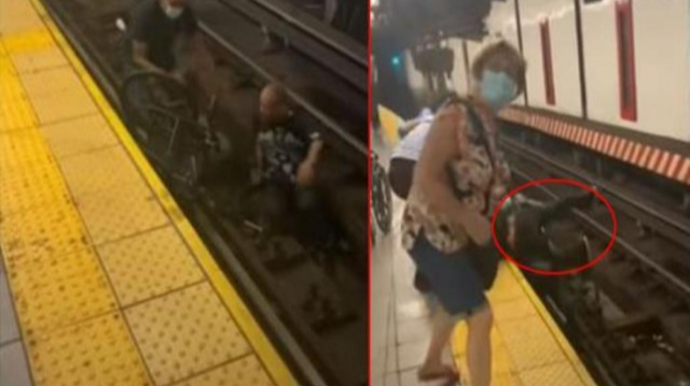 Əlil arabası ilə metro relsinin üstünə düşdü – HƏYƏCANLI ANLAR   - VİDEO