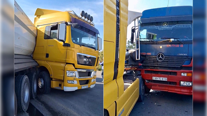 Ehtiyatsız sürücü  “MAN”ı “Mercedes” markalı yük maşınına çırpdı  - VİDEO