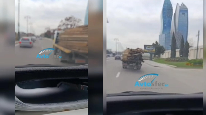 Evakuatorla taxta-şalban daşıyan sürücünün görüntüləri GÜNDƏM OLDU - VİDEO 