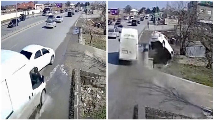 В Маштаге грузовик врезался в Chevrolet и столкнул его с дороги - ВИДЕО 