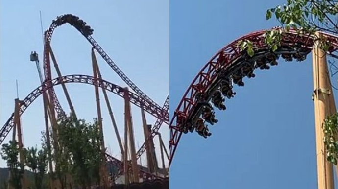 Attraksionda bir saat başıaşağı qaldılar  - VİDEO