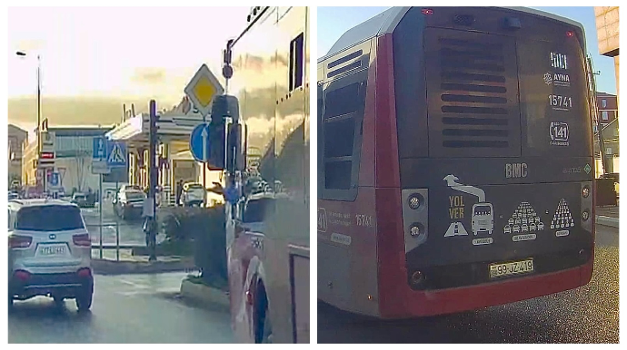 Qəza şəraiti yaradan avtobus sürücüsü hələ əliylə qarşı tərəfi haqsız çıxardı   - VİDEO